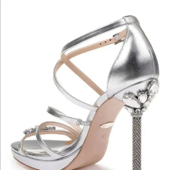 Badgley Mischka Shoes - Badgley Mischka Silver Leather Crystal Diamond Open Toe Dress Strappy Heels 7.5